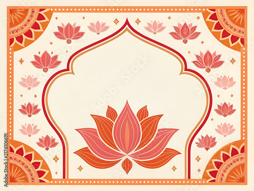 Traditional Indian lotus frame  layered lotus blossoms and geometric ornaments around all four sides  coral  saffron  pink and cream palette  modern minimal illustration style