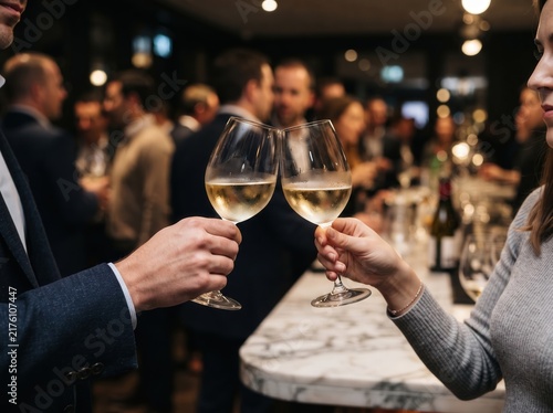 Close up of a man and woman clinking white wine glasses together in a crowded indoor bar. Wine glasses touch during professional networking event or social celebration at luxury lounge.