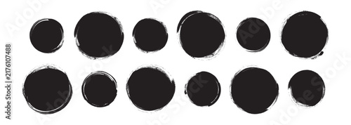 Circle paint brush, round frame grunge texture. Black crayon stain, charcoal drawn spot set, abstract rough badge. Decorative box coal effect isolated on white background. Modern vector illustration