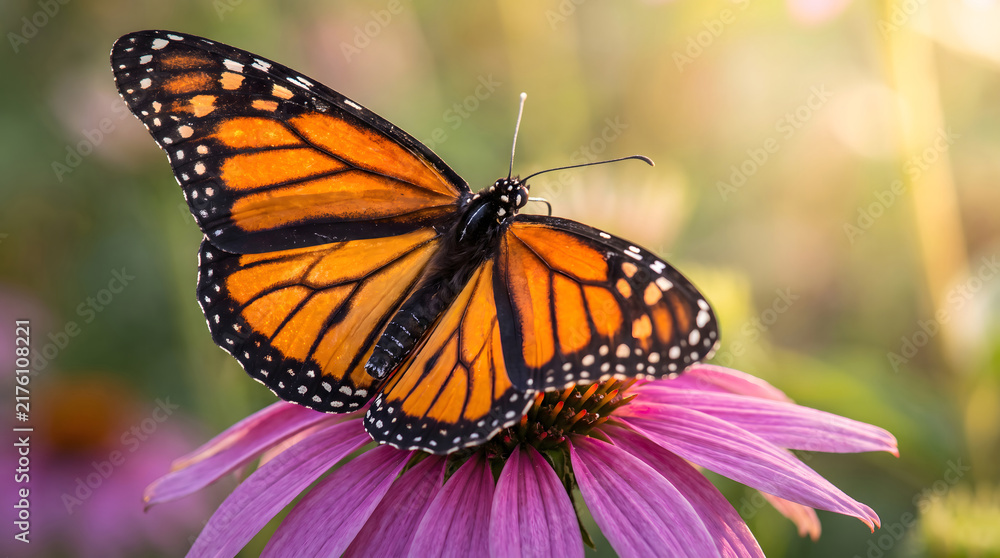 Obraz premium A vibrant monarch butterfly perches on a purple coneflower in a sunlit natural outdoor setting. 
