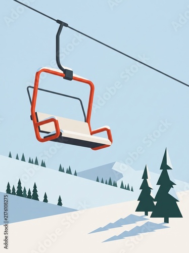 Empty chairlift hanging over snowy mountain slope in flat illustration, outdoor recreation