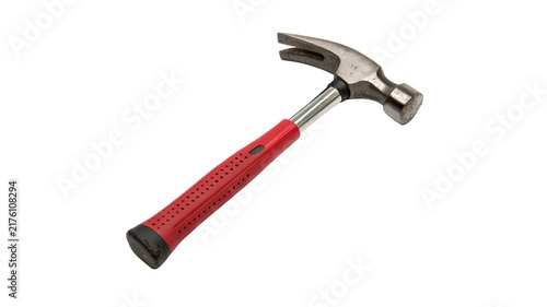 Obraz na plátně Classic metal claw hammer with red rubber handle isolated on transparent background for home hardware carpentry repair tools