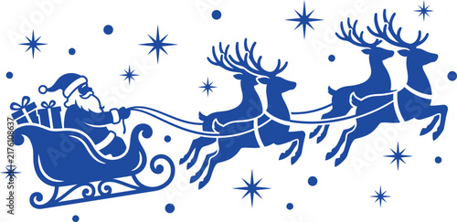 Blue silhouette of santa claus in his sleigh pulled by flying reindeer with stars for a magical christmas holiday winter celebration greeting isolated on transparent background, Vector, illustration