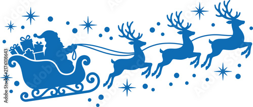 Blue silhouette of santa claus riding a sleigh pulled by flying reindeer with christmas stars and snow elements for holiday design projects isolated on transparent background, Vector, illustration