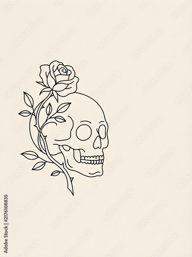 Skull Rose Minimalist Halloween Line Art