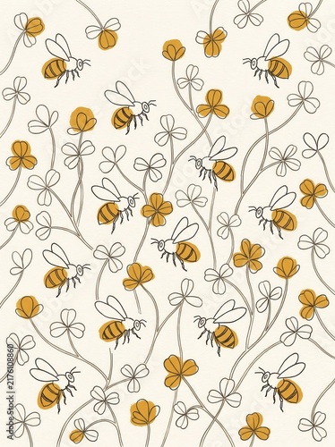 Honeybee and clover pattern in mustard gold line art design