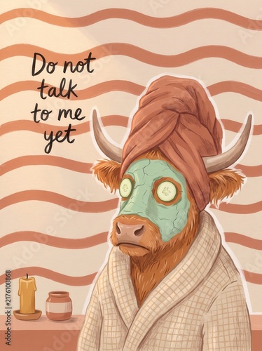 Highland cow character wearing spa face mask and towel turban