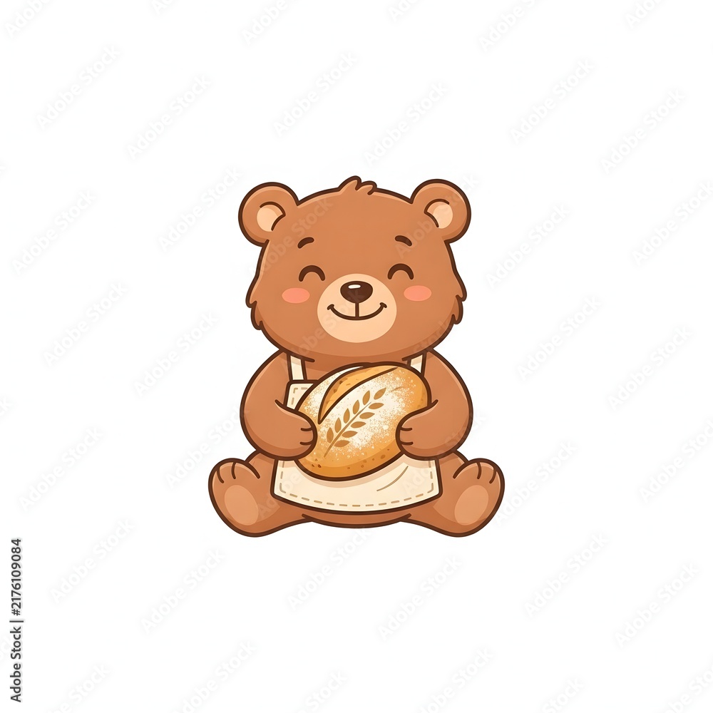 Fototapeta premium Cute cartoon bear wearing apron holding fresh sourdough bread loaf isolated on white background