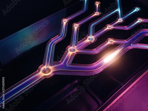 Glowing circuit tubes with pulsing light in neon purple and orange