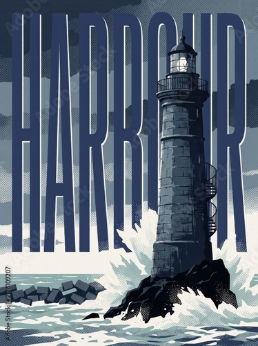 Lighthouse on volcanic sea stack in retro travel poster design