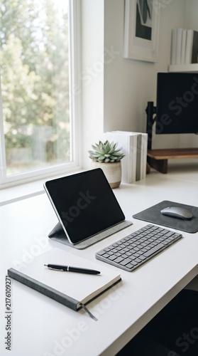 Minimalist workspace setup modern office desk with laptop keyboard notebook and succulent plants natural light productivity aesthetic