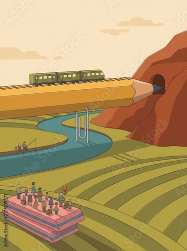 Train running along tracks on a giant pencil over green valley