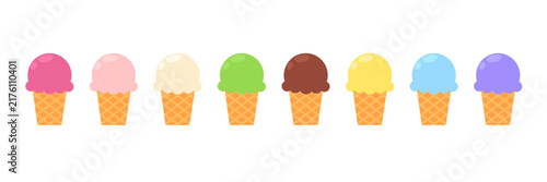Funny cartoon ice cream cones with multicolored scoops of various flavors collection