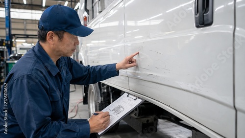 Fototapeta 自動車整備工場で車のボディについた傷を指差しながらクリップボードに記録する整備士