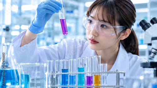 研究室で安全ゴーグルと白衣を着用し試験管内の液体を注意深く観察する日本人女性研究員