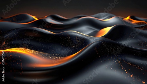 Dark abstract waves with glowing golden embers and particles