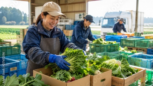 Plakat 農場で収穫されたばかりの新鮮な野菜を笑顔で丁寧に箱詰めする女性農業従事者