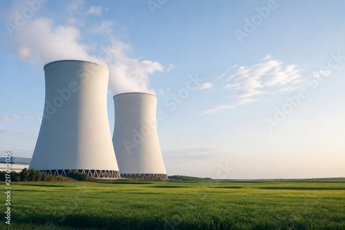 White cooling towers of nuclear power plant in rural landscape, energy production and countryside concept
