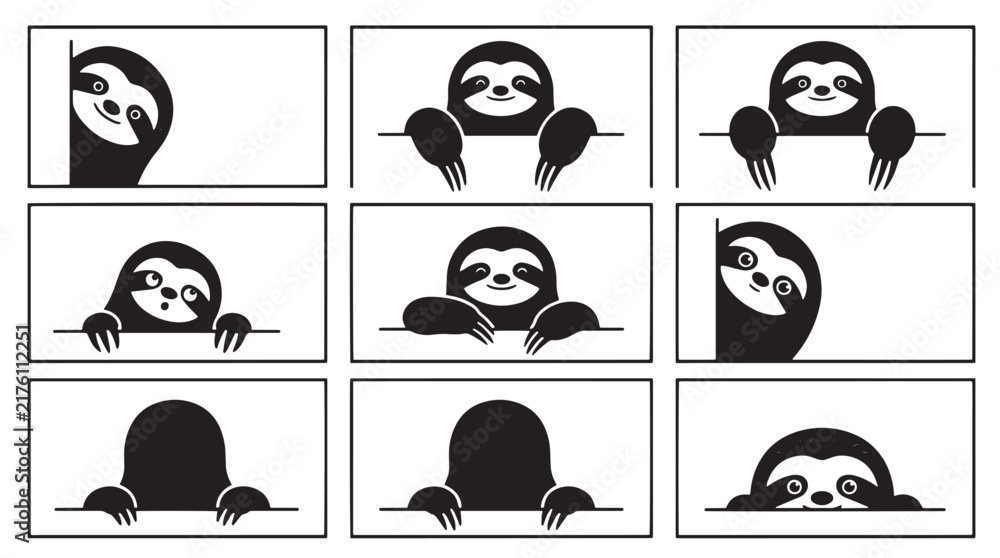 Fototapeta premium Set of cute sloth character icons in various poses peeking over edges for creative design projects and social media stickers on transparent background