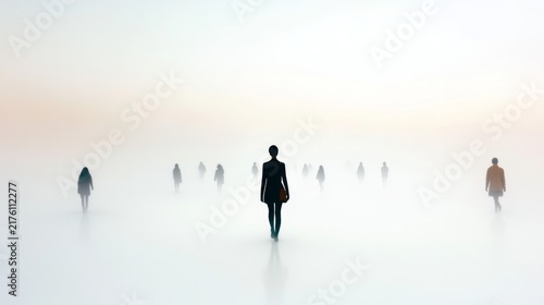 Loneliness in the Crowd and Social Media Emptiness Concept with Figures in White Fog