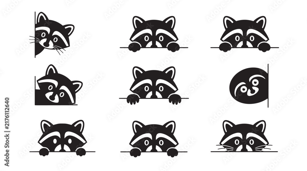 Obraz premium Set of cute raccoon peeking icons, black and white vector illustrations of curious forest animals hiding behind edges and borders for creative design projects on transparent background