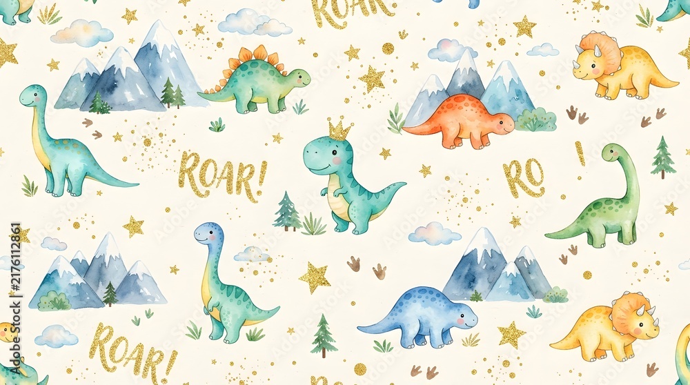 Obraz premium Seamless watercolor dinosaur pattern with colorful friendly dinosaurs, stars, trees and playful ROAR lettering