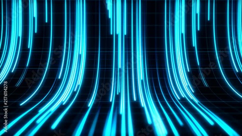 Glowing cyan light trails stream downward across a dark curved grid, forming luminous vertical paths that bend toward the foreground with strong depth, symmetry, and futuristic motion