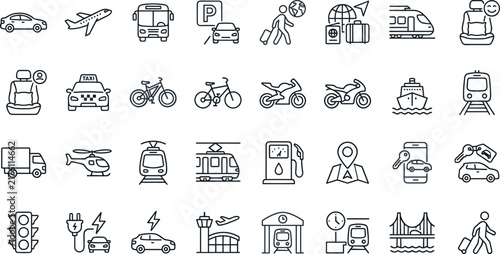 Transportation and Public Travel Line Icon Set Featuring Cars, Planes, Trains, Buses, Logistics, and Navigation Symbols for Mobile Apps and Digital Designs