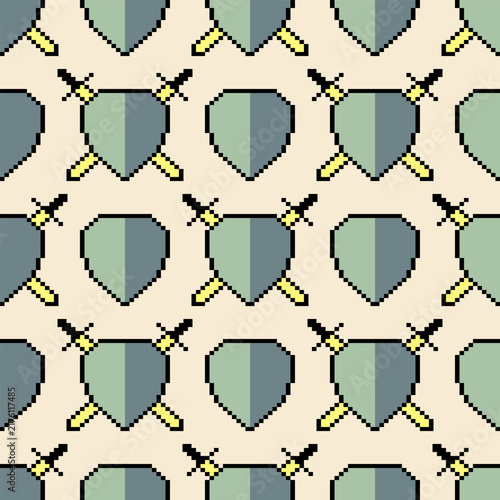 Seamless pattern with pixel art of crossed swords and a shield