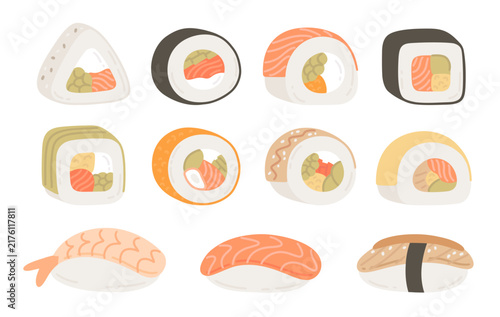 Sushi set. Vector illustrations in flat style on white background. Japanese food. Design elements