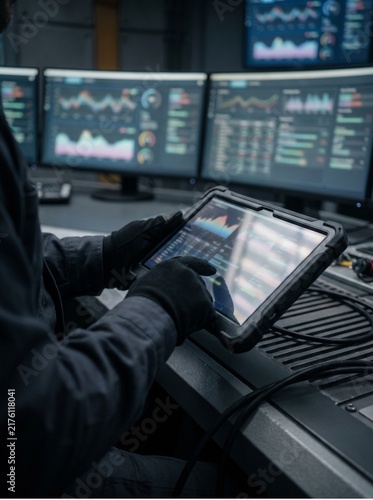 Professional Industrial Technician Analyzing Data and Performance Metrics on Digital Tablet in High Tech Control Room Environment
