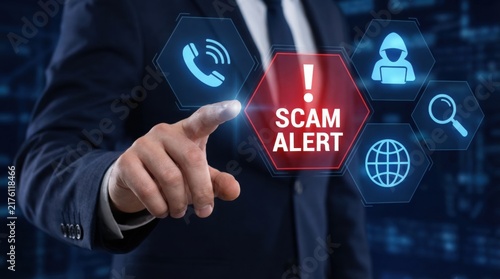 Scam alert warning for online banking fraud and phishing on mobile devices to protect users from cybercrime and data theft risks