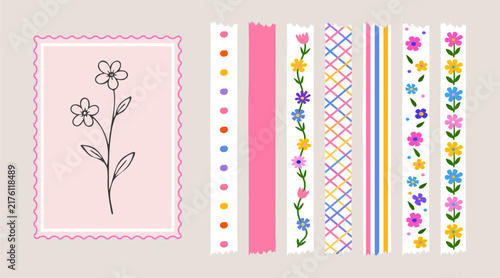 Torn notebook sheets, colorful tape strips, and scrapbook elements create a Y2K-inspired aesthetic with grunge textures and retro charm.