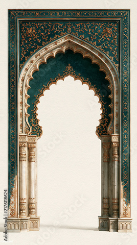 Watercolor Islamic Mihrab Arch Frame with Arabic Calligraphy and Copy Space, Teal Blue and Gold