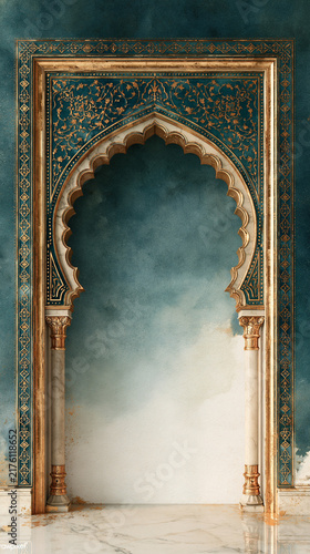 Watercolor Islamic Architectural Arch Frame with Ornate Arabic Calligraphy, Emerald Teal and Gold