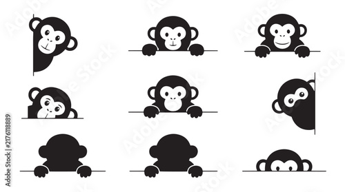 Cute monkey peeking vector set, 9 cartoon ape icons, black silhouette primate characters for web banners and children design isolated on Transparent Background