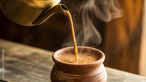 Steaming hot aromatic masala chai tea pouring from shiny golden metal kettle into rustic traditional clay pot on wooden table