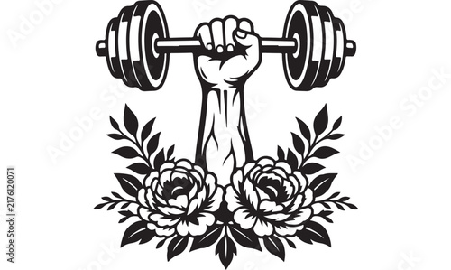 Bild auf Leinwand Vintage gym logo with muscular fist holding barbell