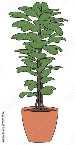 Minimalist round wooden coffee table with small potted plant vector illustration isolated on white background