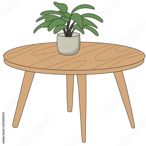 Minimalist round wooden coffee table with small potted plant vector illustration isolated on white background