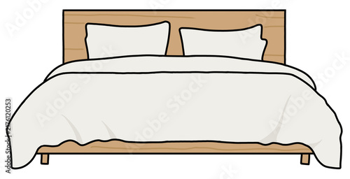 Minimalist double wooden bed with white duvet and pillows vector illustration on white background