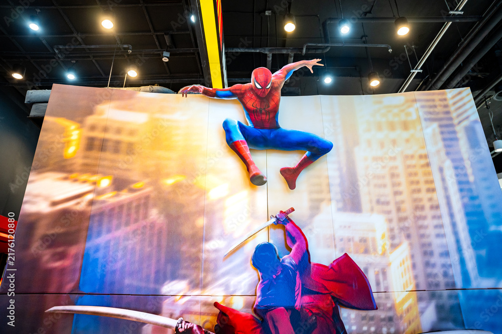 Fototapeta premium Bangkok, Thailand - August 3, 2025 : Billboard advertising the film Spider-Man: Brand New Day in the lobby of the Major Cineplex Siam Paragon.