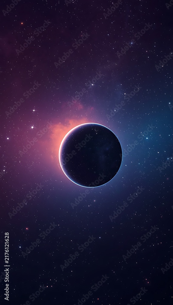 Fototapeta premium Dark planet silhouette against a glowing nebula in deep space starry galaxy background