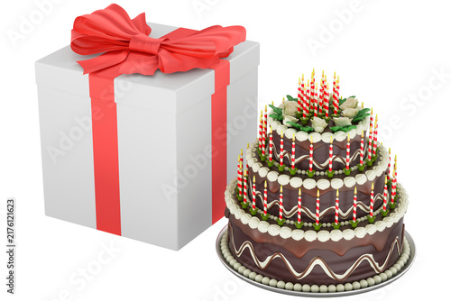 Birthday cake with candles and gift box for celebration, transparent background.