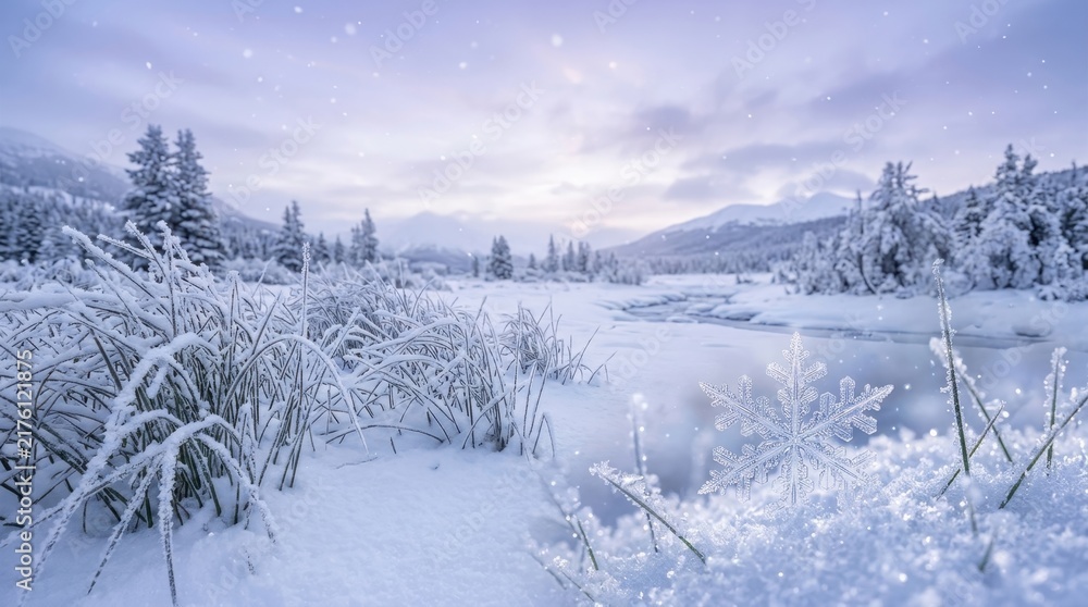 Obraz premium Winter Serenity: A tranquil winter landscape unfolds with snow-covered trees and bushes bordering a frozen river, under a softly illuminated sky with falling snowflakes.