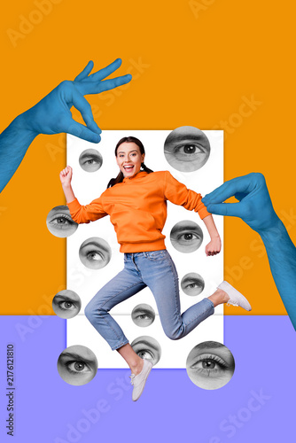 Fotografie Zine pop vertical photo collage of happy girl guy stand eyeball stare control ha