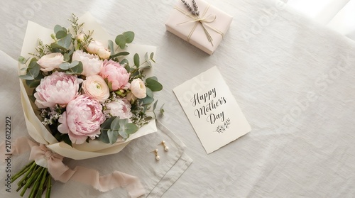 Peonies and card arranged for Mother's Day
