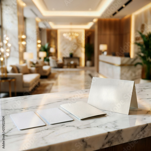 Blank paper cards and tent card mockups on marble counter in hotel lobby