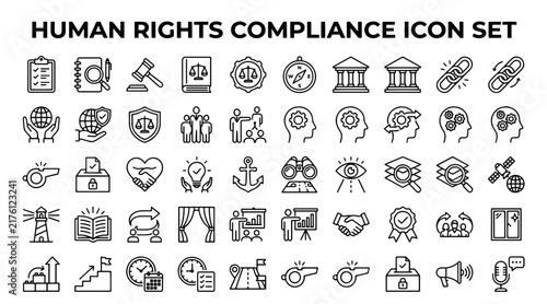 Human rights compliance icon set. Legal ethics and corporate social responsibility symbols.