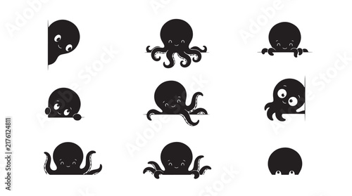 Cute octopus silhouette set, 9 cartoon sea creature icons. Black octopus character collection, peeking aquatic animal vectors. isolated on Transparent Background